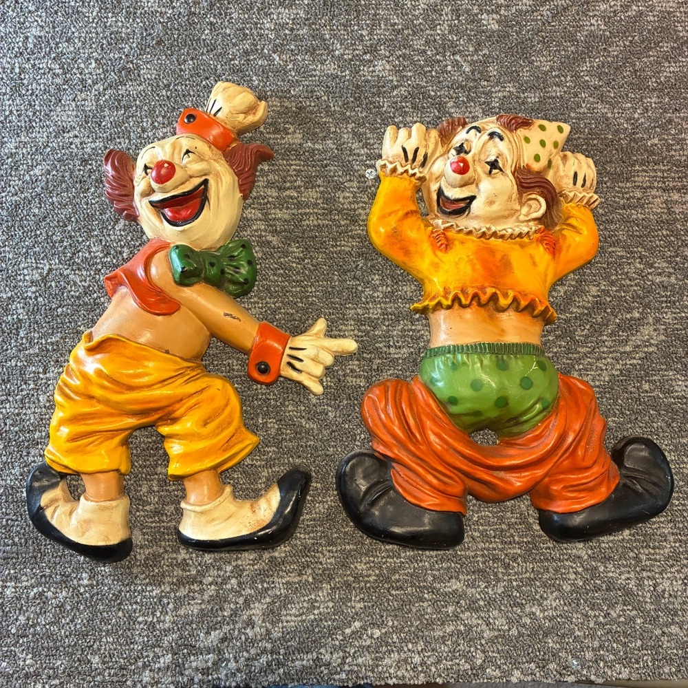 Vintage Homco Clown Wall Hangings Set of 2 Plaques Circus Laughing Pointing